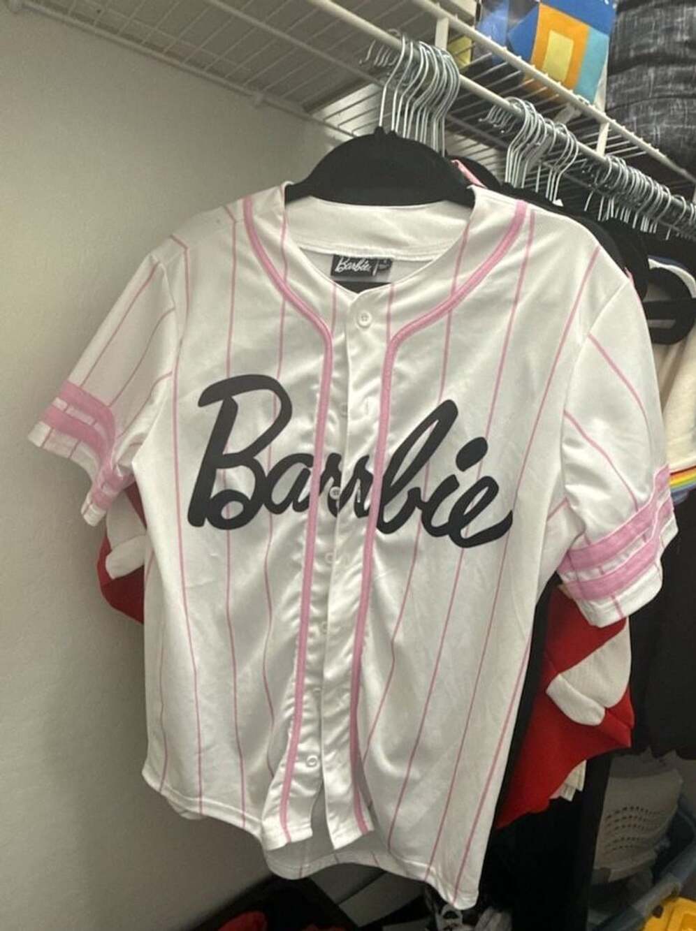 Barbie Baseball Jersey Size S White Pink Pinstripe 59